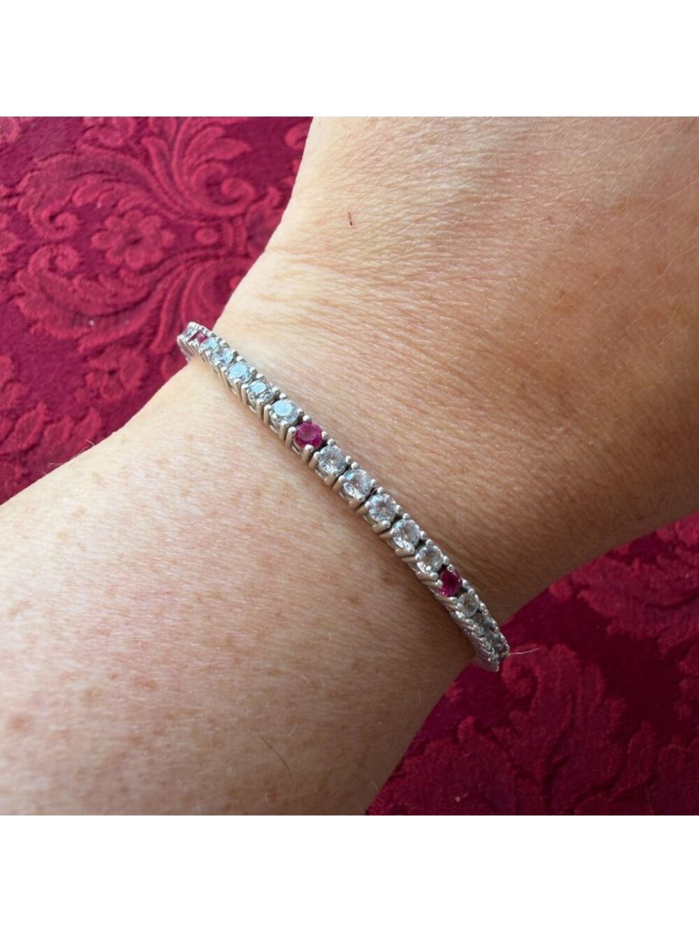 Vintage Sterling Silver Lab Ruby White Topaz Tennis Bracelet 925 Red Gem Gift